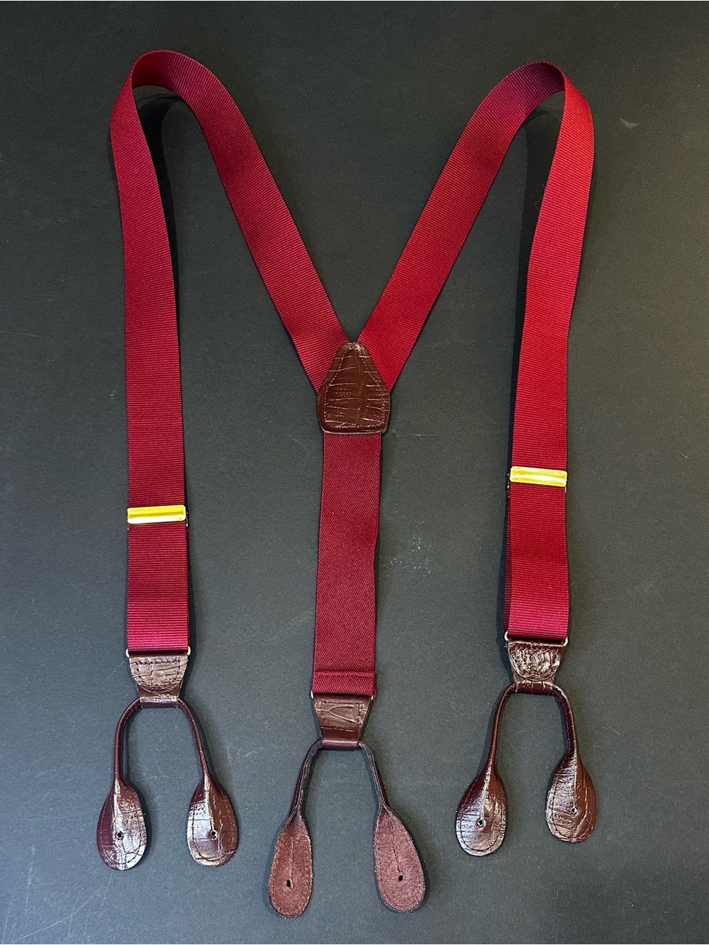 VTG 1980-90s Pelican USA Burgundy Y-Back Button Suspenders Leather Braces USA